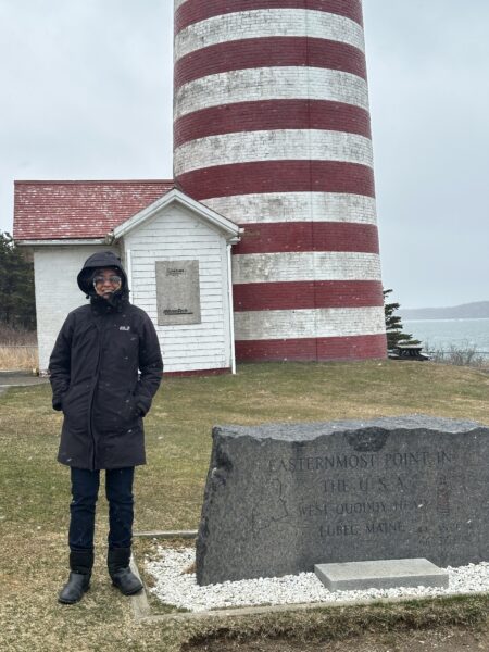 Author Padma Venkatraman in Maine at Quoddy Head Light